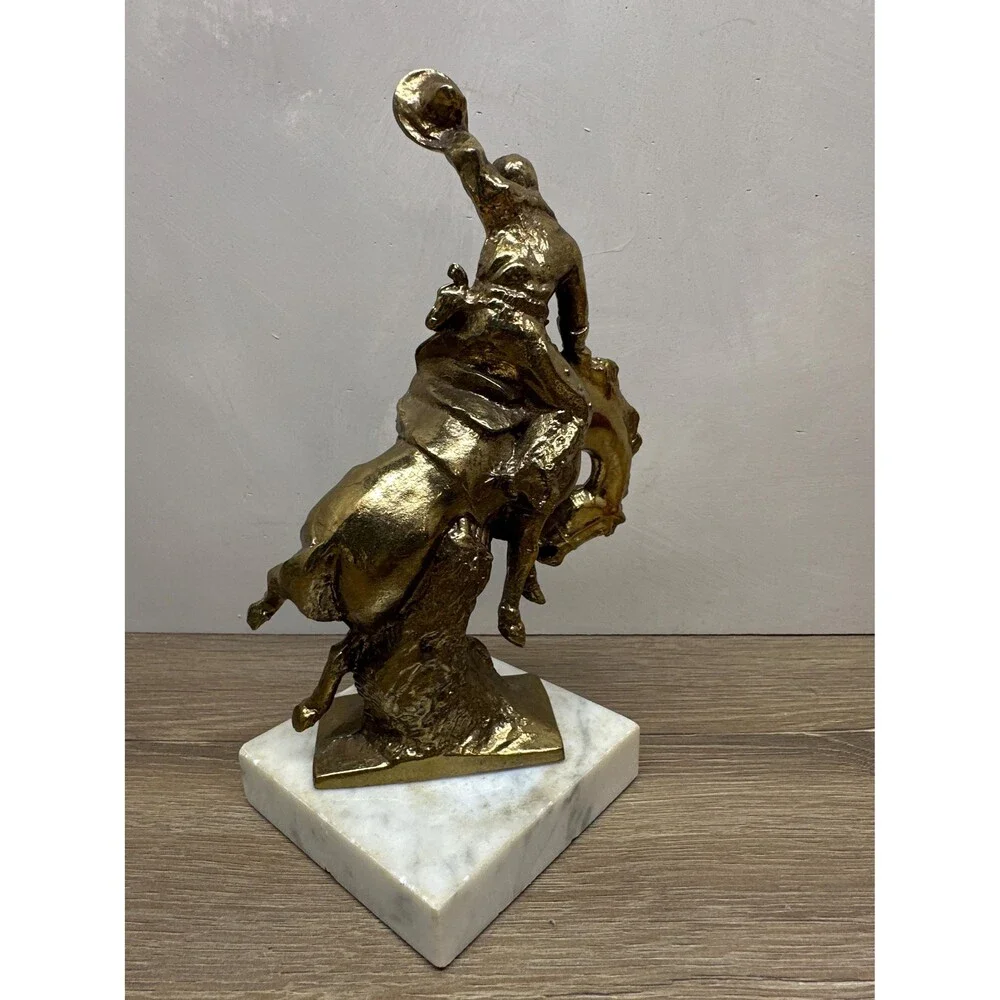Vintage Brass Plated Bronze Bronco Buster Cowboy Statue, Marble Base Paul Herzel